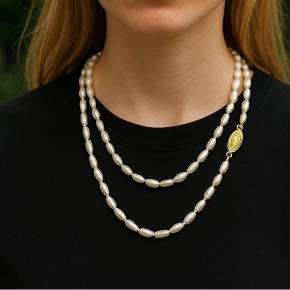 Long Rice pearl necklace single stand, gold over silver clasp - Picture 1 of 8